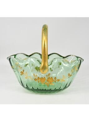 Antique VTG Green Glass Basket Victorian Gold Enamel Floral Flowers Handle GLOWS